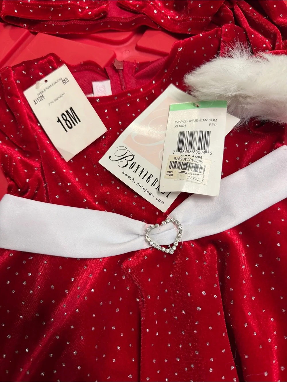 Bonnie Jean Red Velvet Sparkle Dress with White Trim Jacket